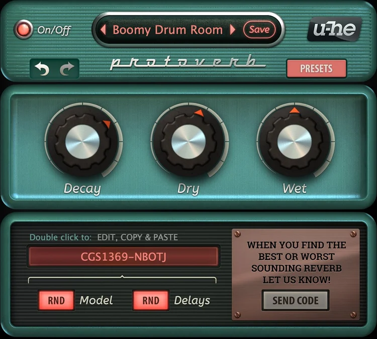 u-he Protoverb reverb interface with Decay, Dry and Wet controls