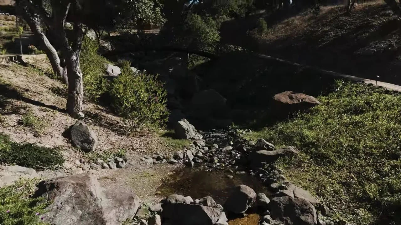 Creek, boulders, and a dark wooden footbridge on the Chateau Noland grounds