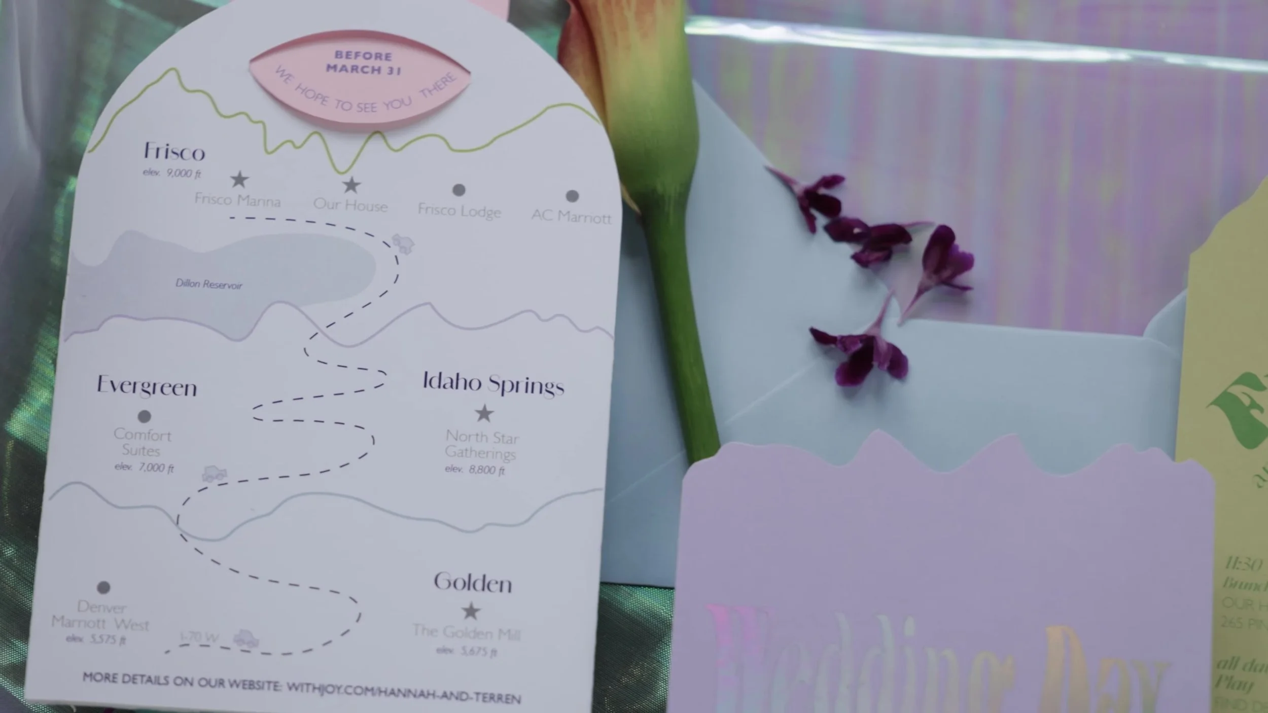 Wedding stationery map showing Idaho Springs, Evergreen, and Golden for a Northstar Gatherings Colorado wedding