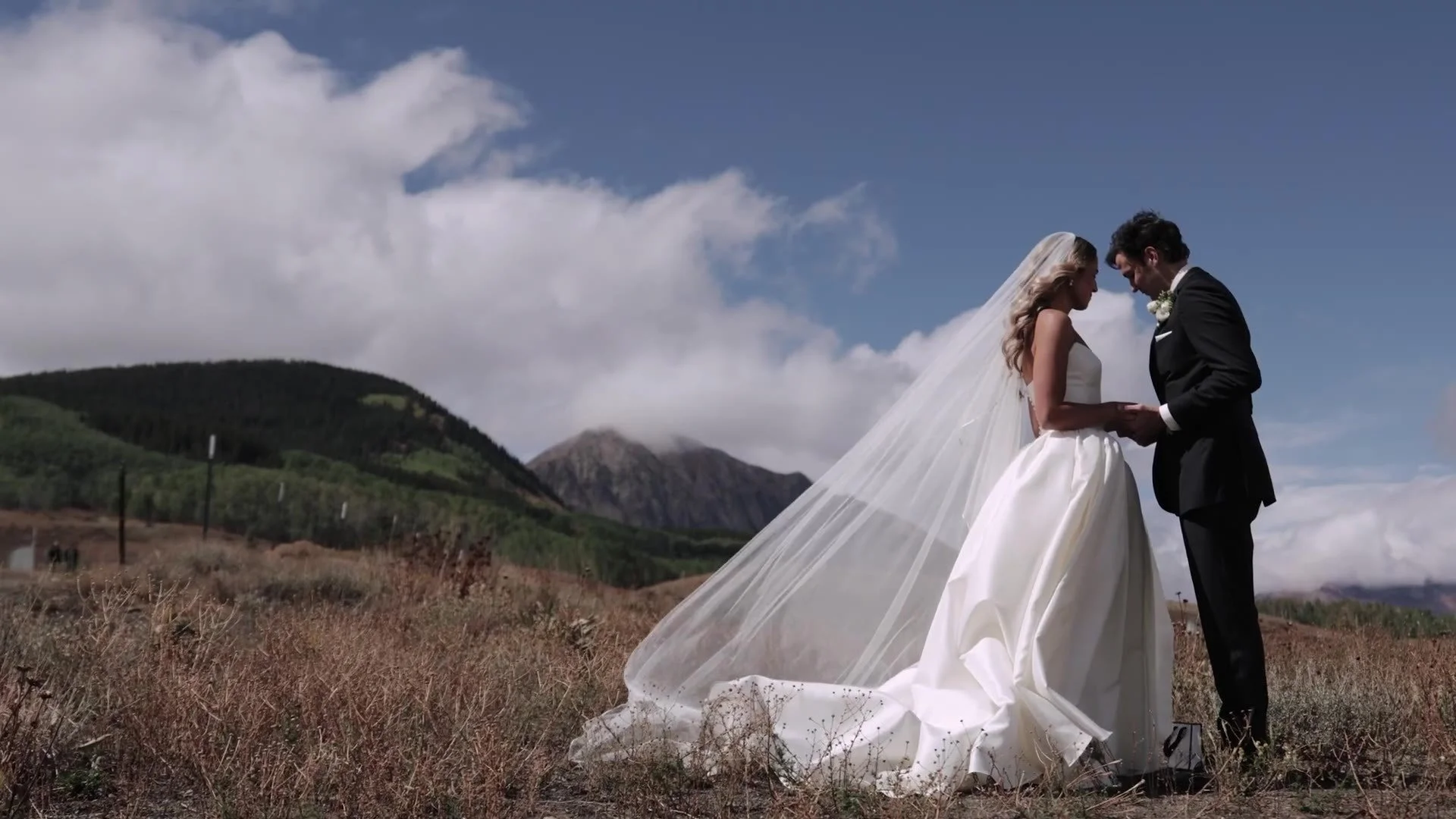 Becca and Colton holding hands in a field with a long veil and Crested Butte mountains in Colorado