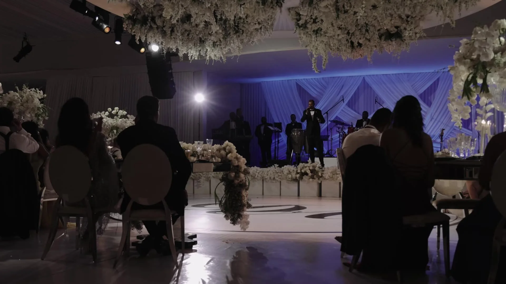 Reception stage band and hanging florals at Amanera Dominican Republic
