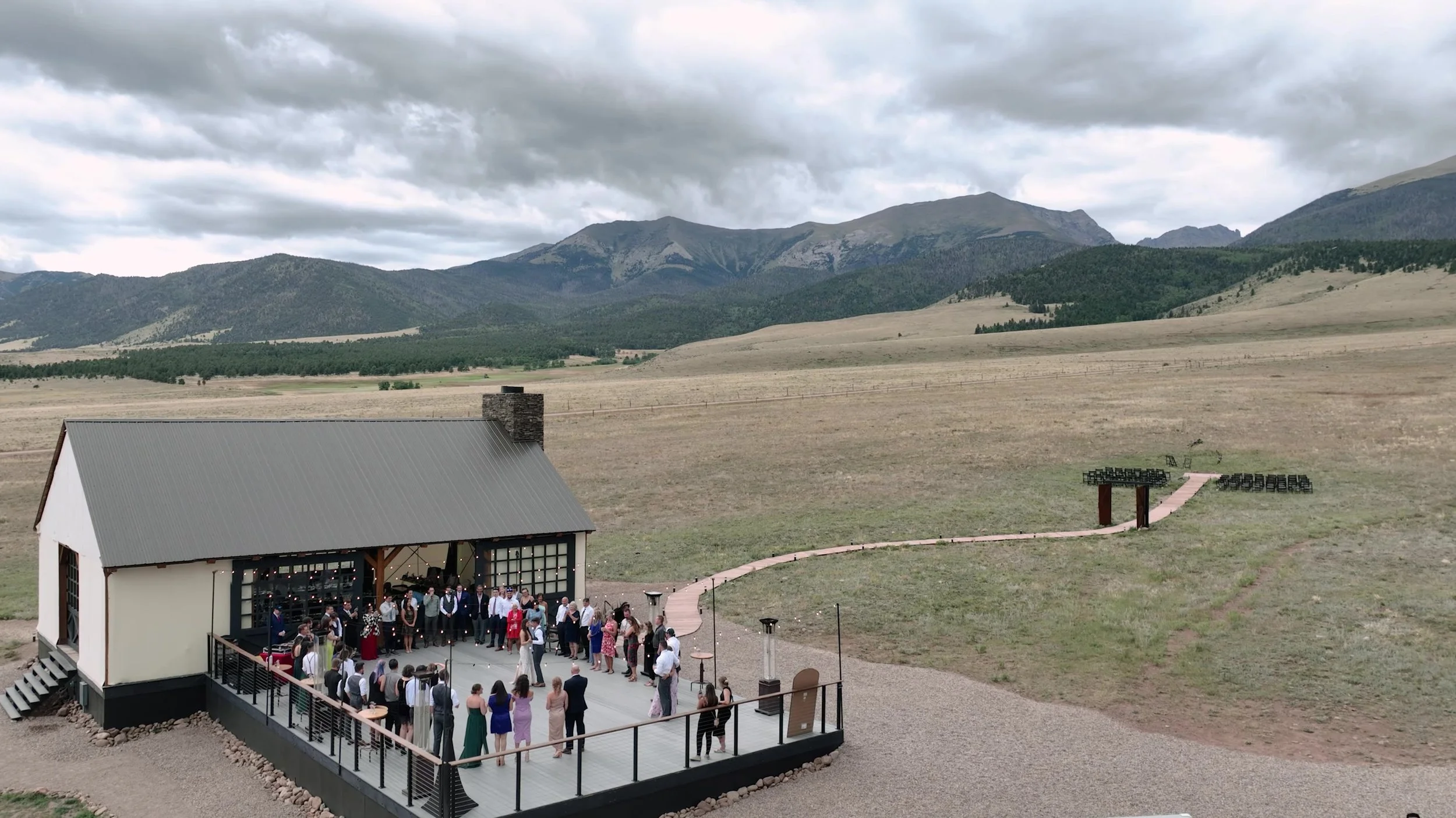 Aerial of the ranch deck and ceremony meadow at 3 Peaks Ranch in Westcliffe, Colorado