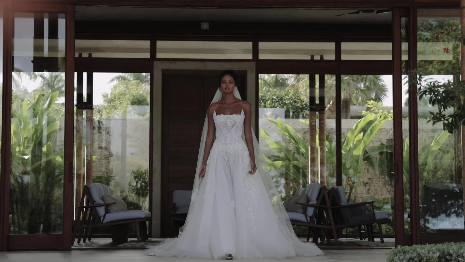 Daniela in white gown in open air Amanera architecture Dominican Republic