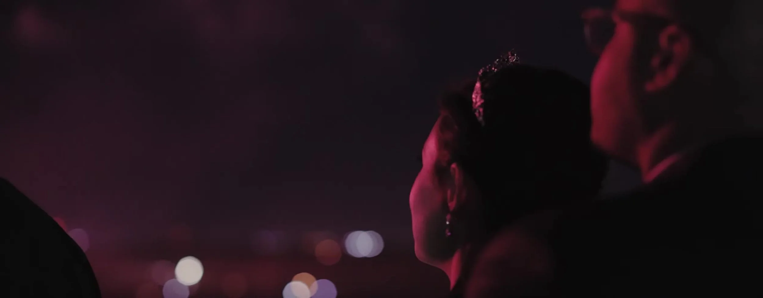 Couple in profile at night, magenta fireworks light on the bride's tiara and the groom's glasses