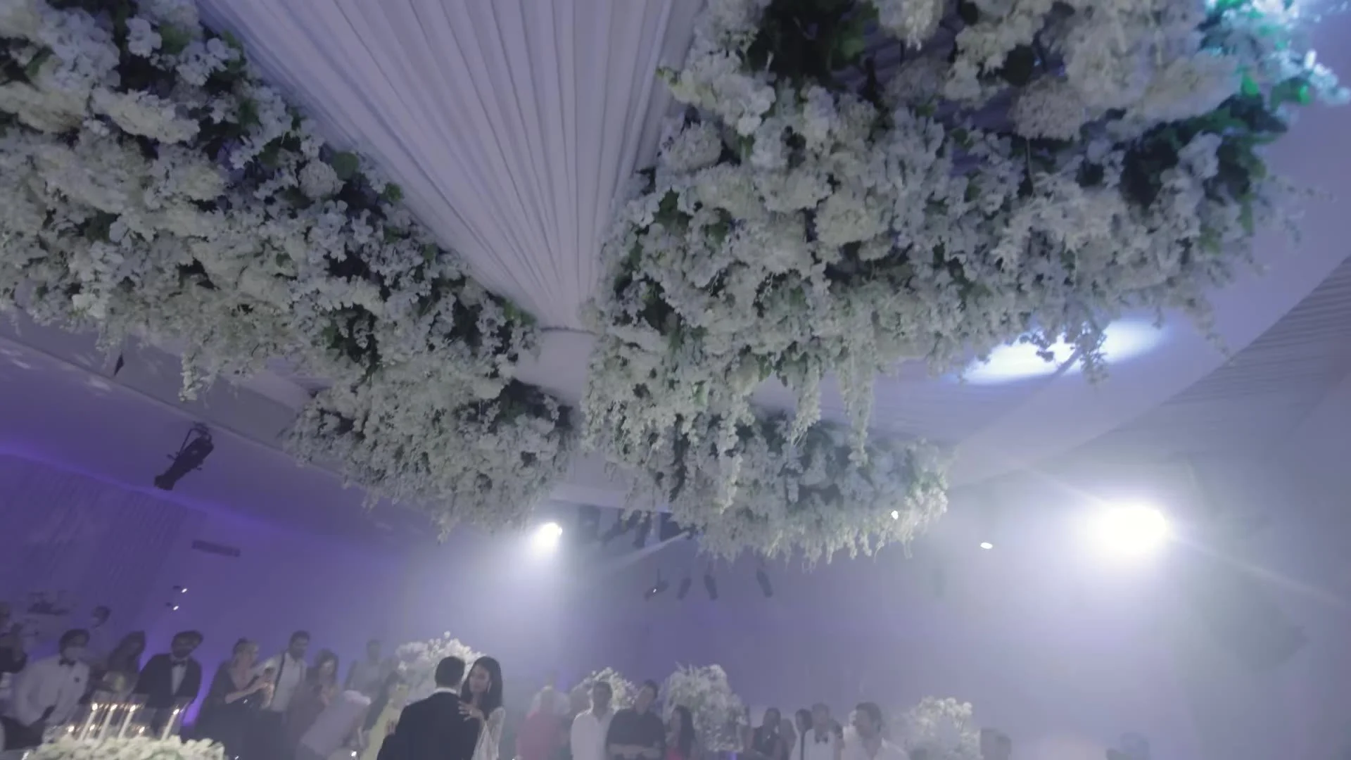 Hanging white floral clouds over the reception at Amanera Dominican Republic