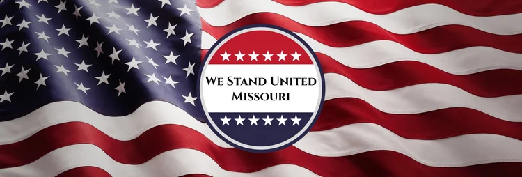 American flag background with We Stand United Missouri logo