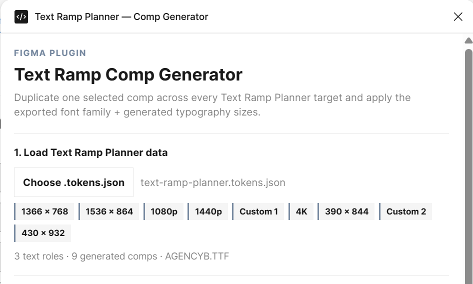 Loading a Text Ramp Planner tokens export into the Figma plugin