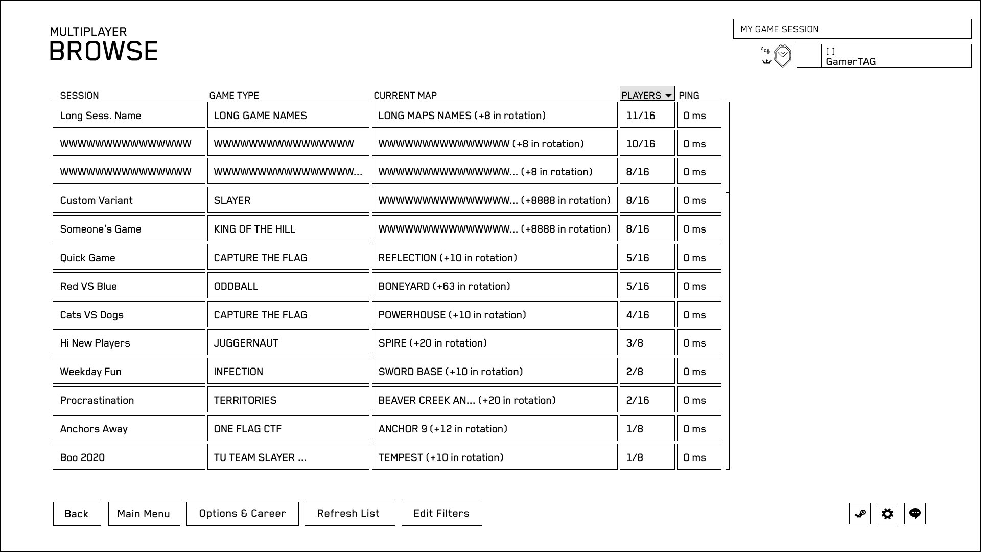 Custom Game Browser wireframe before revisions