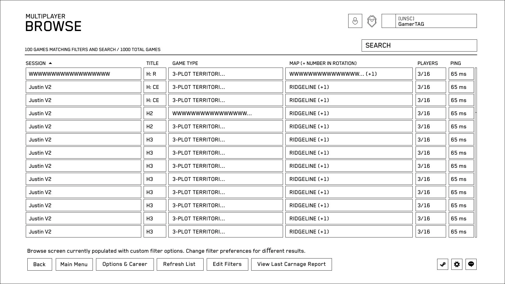 Custom Game Browser wireframe after revisions