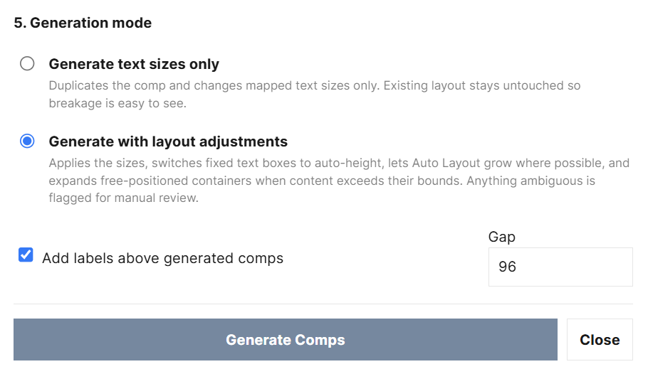 Choosing a comp generation mode in the Text Ramp Planner Figma plugin