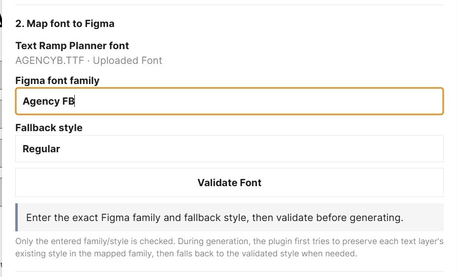 Entering the font family in the Text Ramp Planner Figma plugin