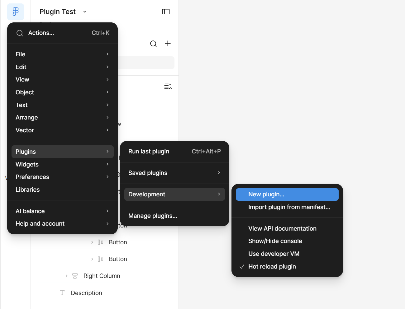 Opening the Figma development plugin menu