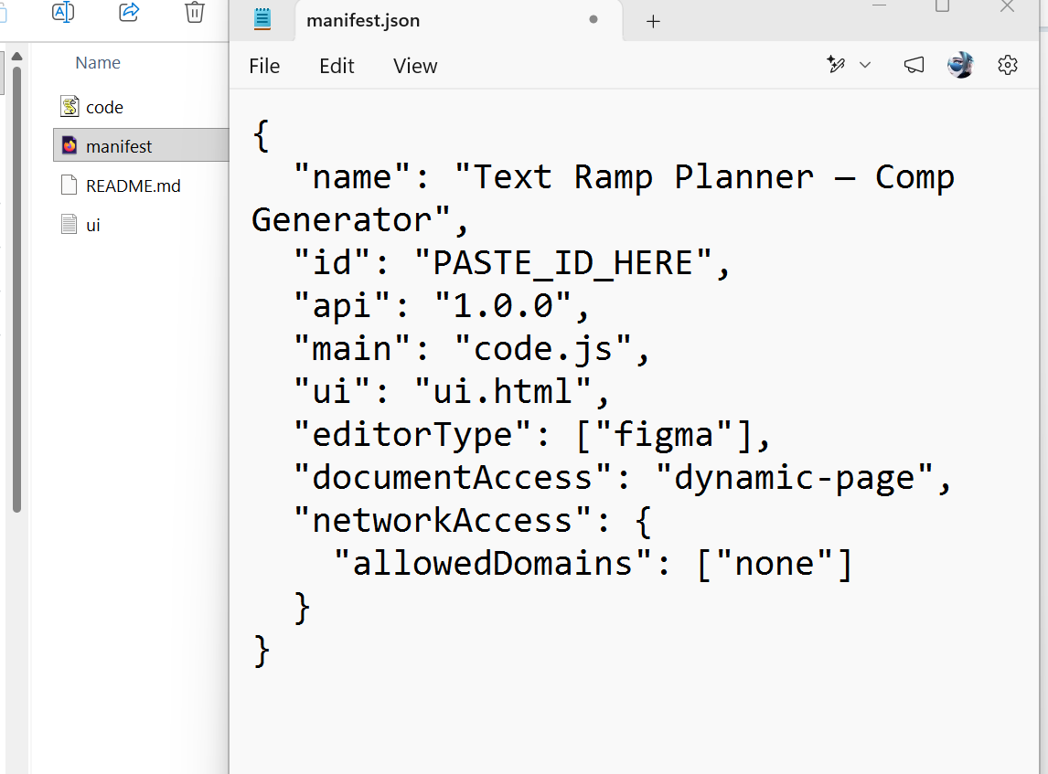 Pasting the Figma-generated plugin ID into the Text Ramp Planner manifest