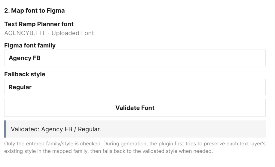 Successfully validating a font in the Text Ramp Planner Figma plugin
