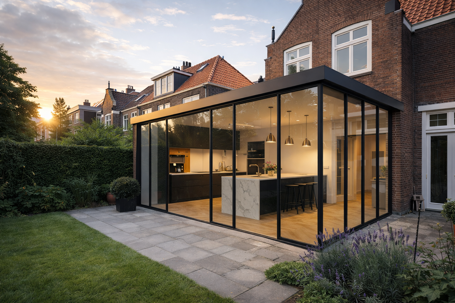 Uitbouw Amsterdam glas en staal, volledig afgewerkt met open woonkeuken