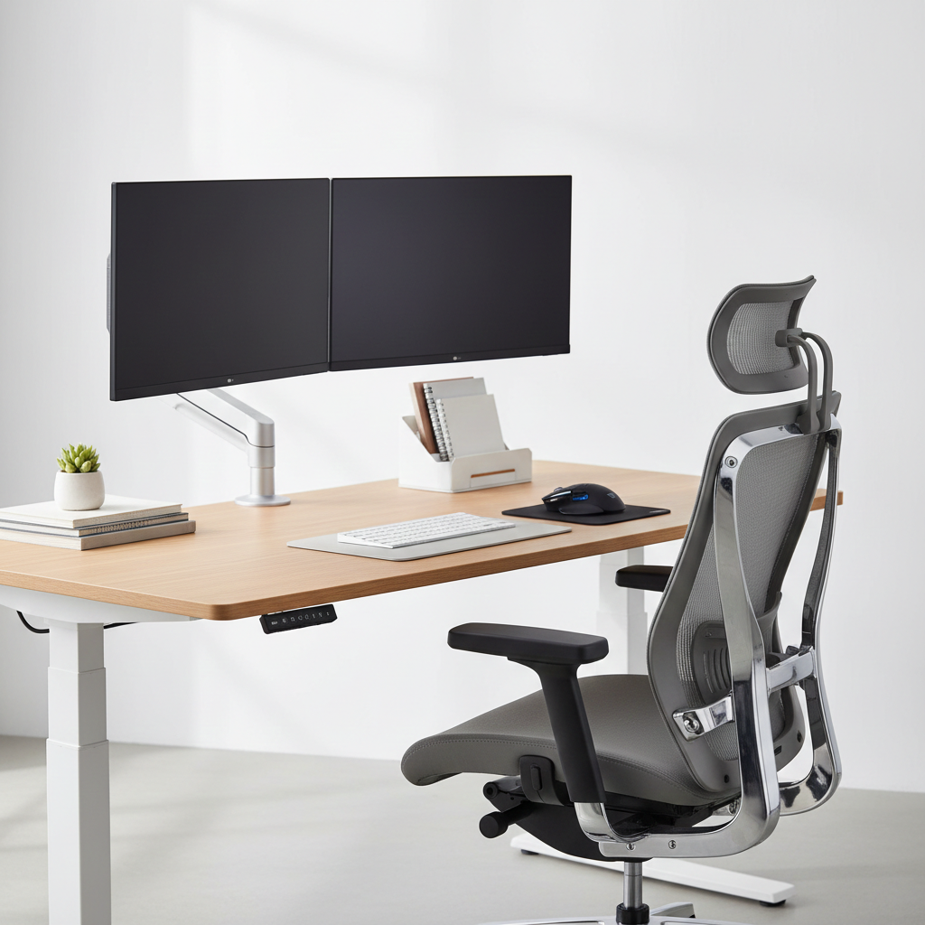 Ergonomische werkplek met elektrisch zit-sta bureau, ergonomische bureaustoel en monitorarm