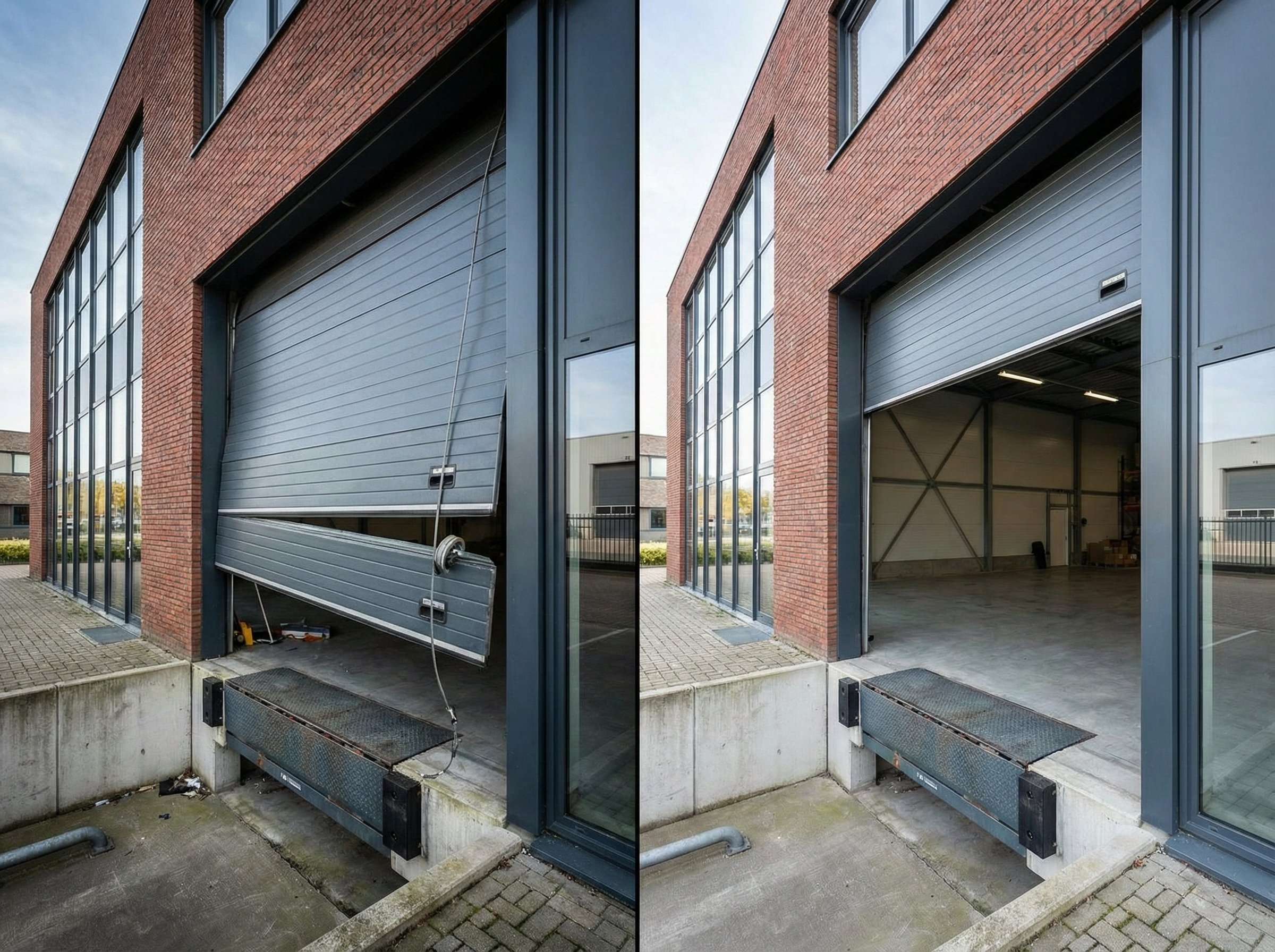 Voor en na overhead deur reparatie - van defect naar volledig werkend