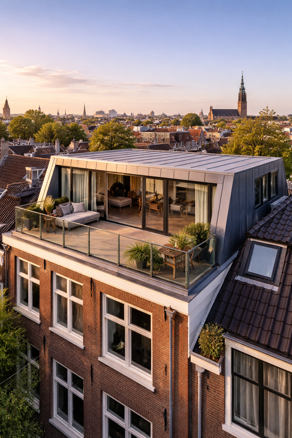 Dakopbouw met groot dakterras en glazen balustrade met uitzicht over Amsterdam