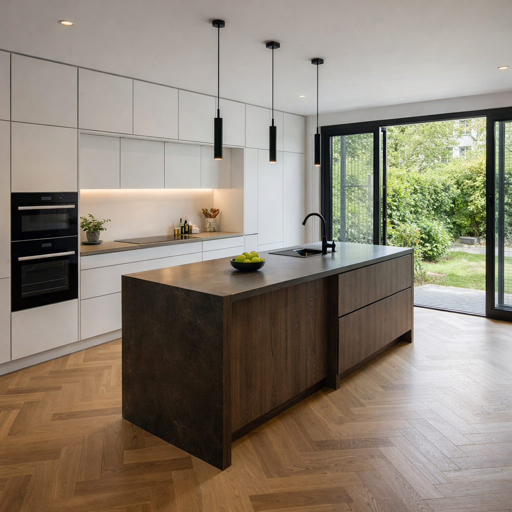 Moderne keuken verbouwing met kookeiland Amsterdam Zuid