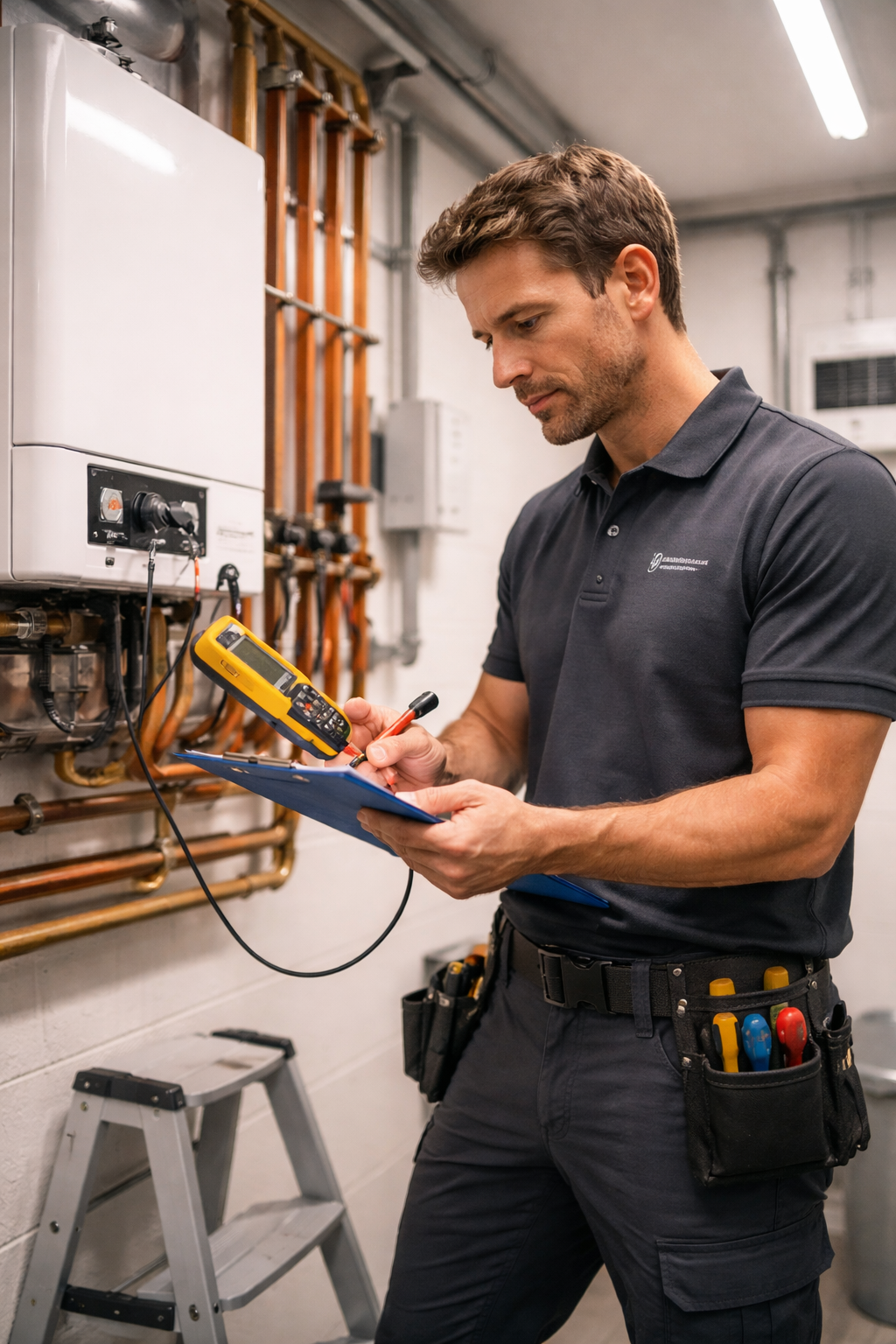 Technisch beheerder inspecteert CV-installatie in appartementencomplex