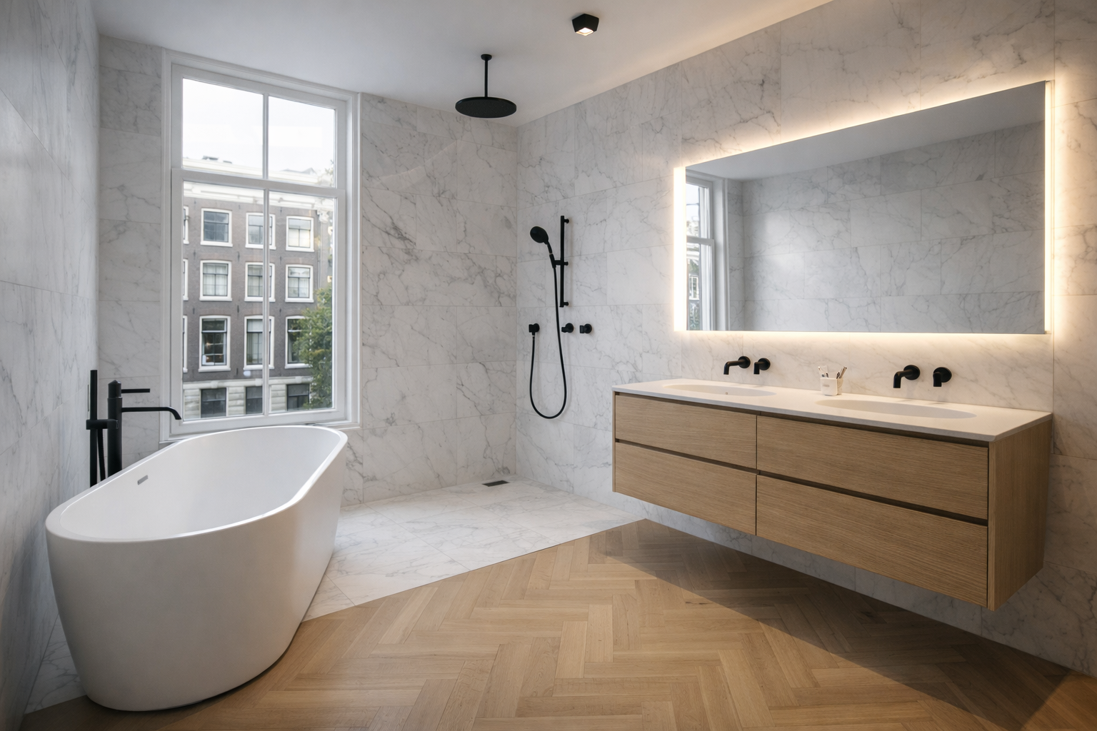 Moderne badkamerrenovatie Amsterdam met inloopdouche en regendouche