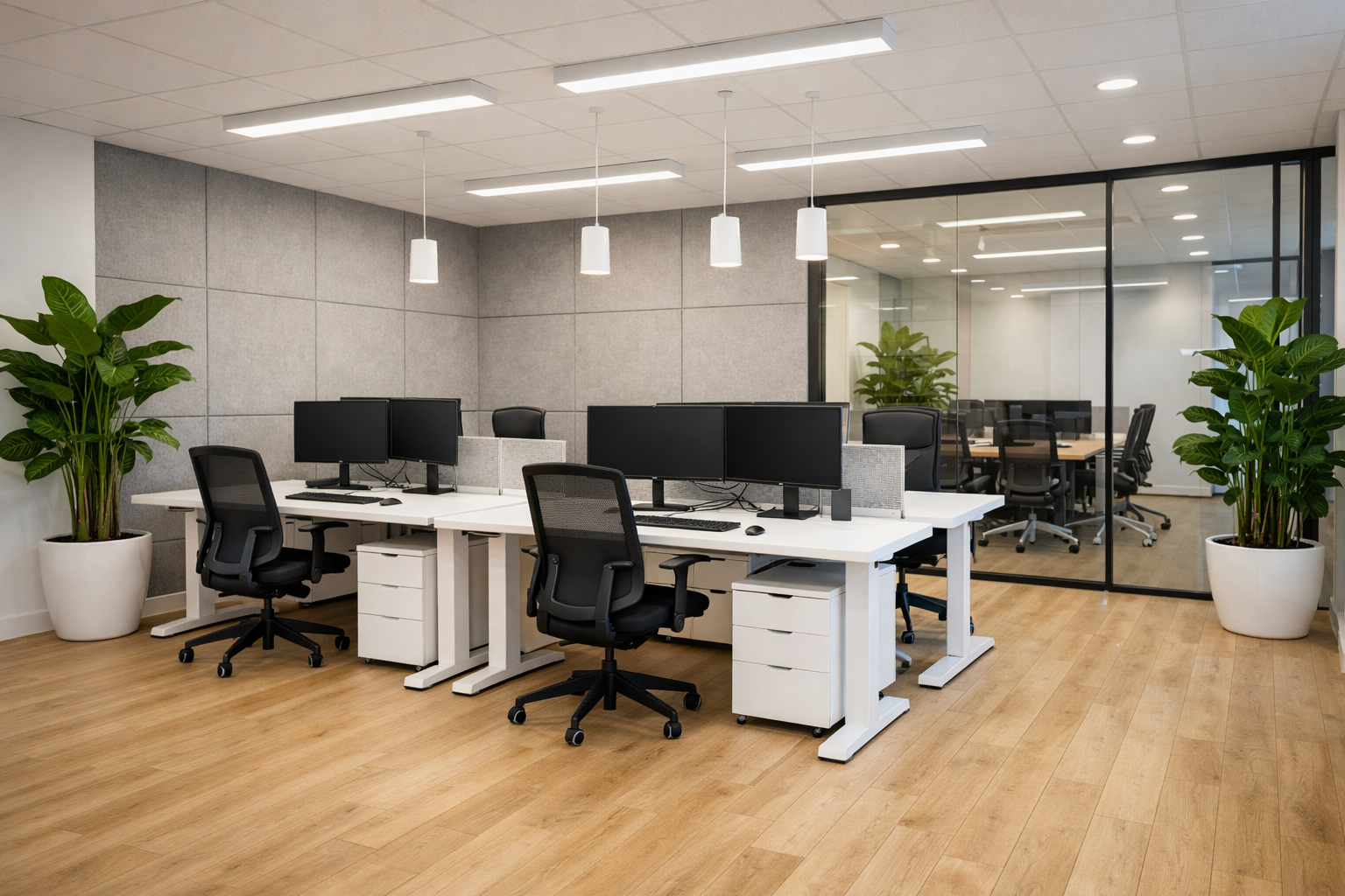 Gerenoveerd modern kantoor met ergonomische werkplekken, LED-verlichting en strakke afwerking