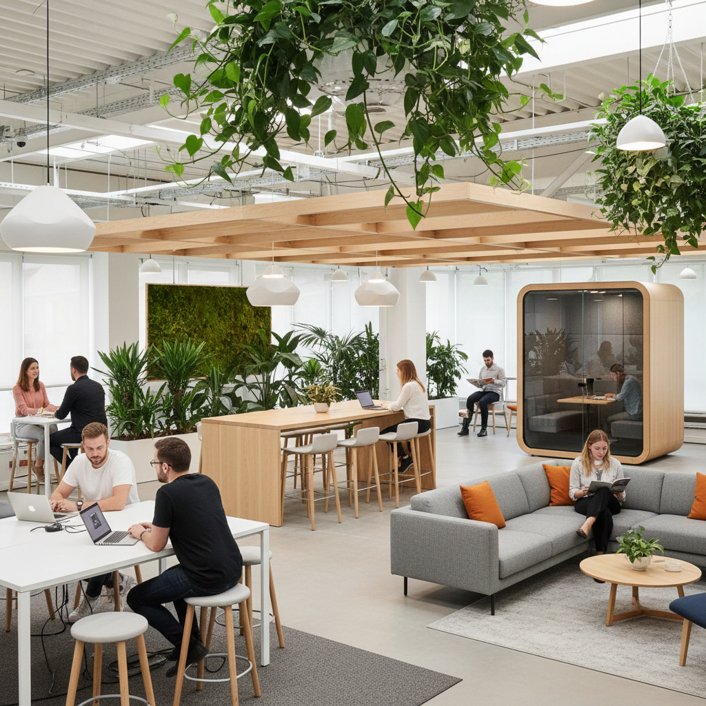 Moderne flexwerkplek omgeving met hot desks, phone booths en collaboration zones