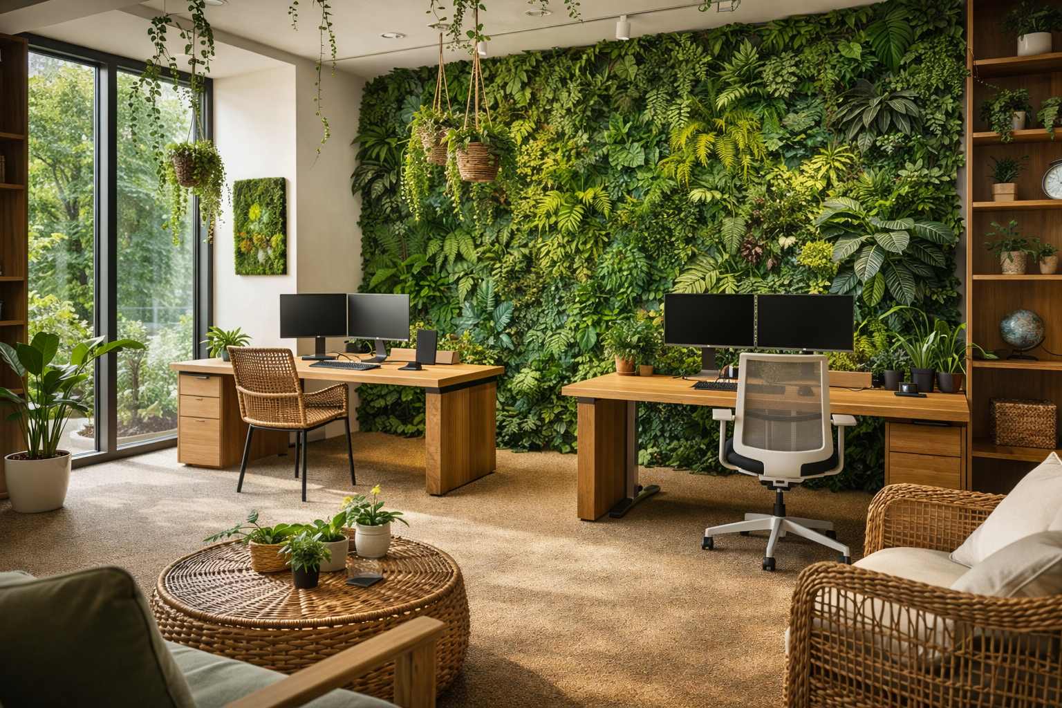 Kantoor met biophilic design: grote groene plantenwand, natuurlijke houten materialen en veel daglicht