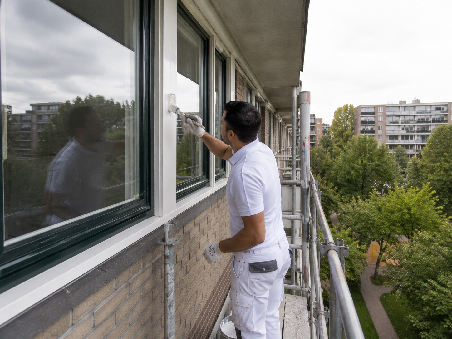 Kozijnen schilderen aan een flat in Buitenveldert