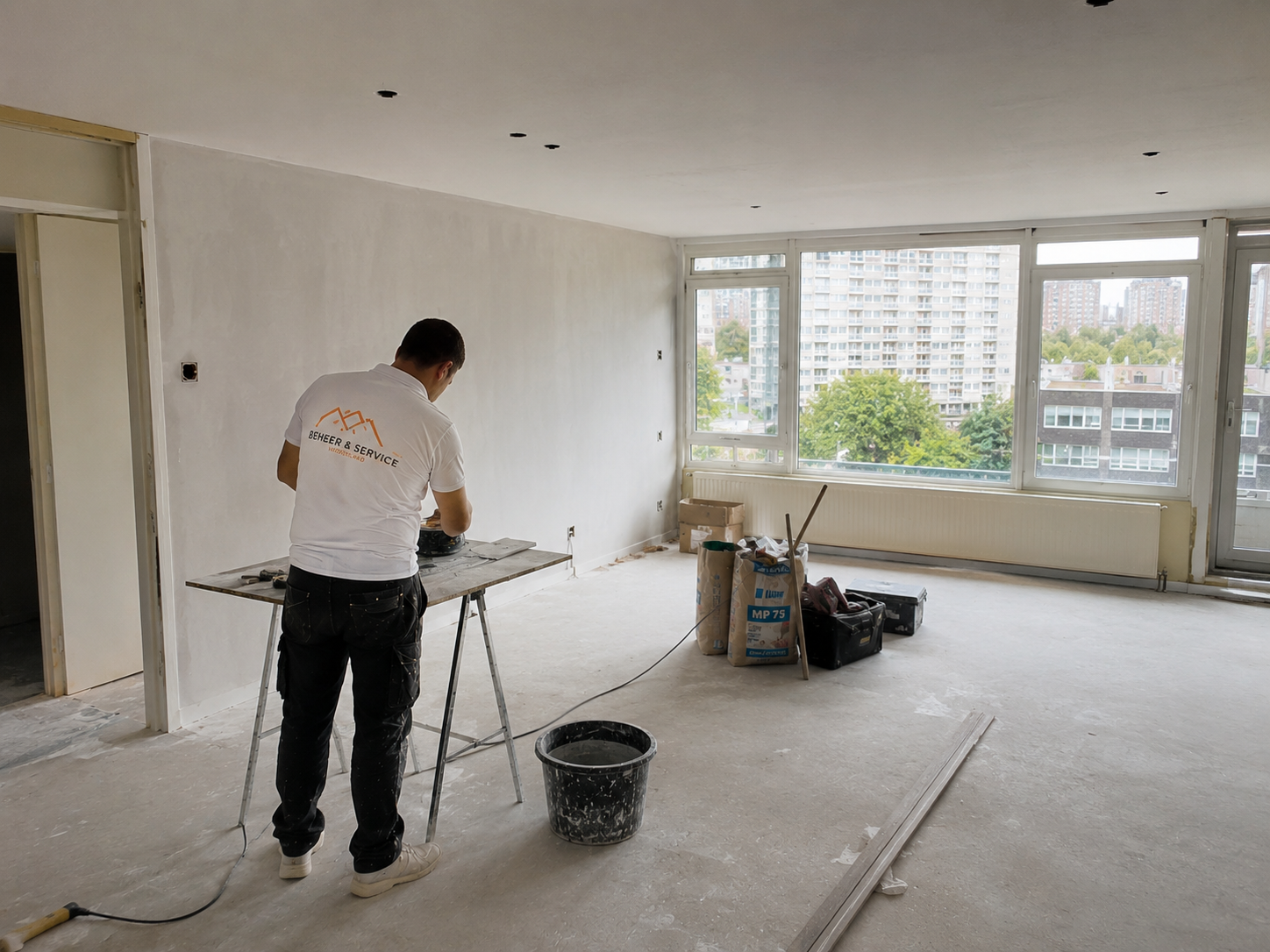 Vakman aan het werk tijdens een renovatie van een appartement in Buitenveldert — Beheer & Service Nederland