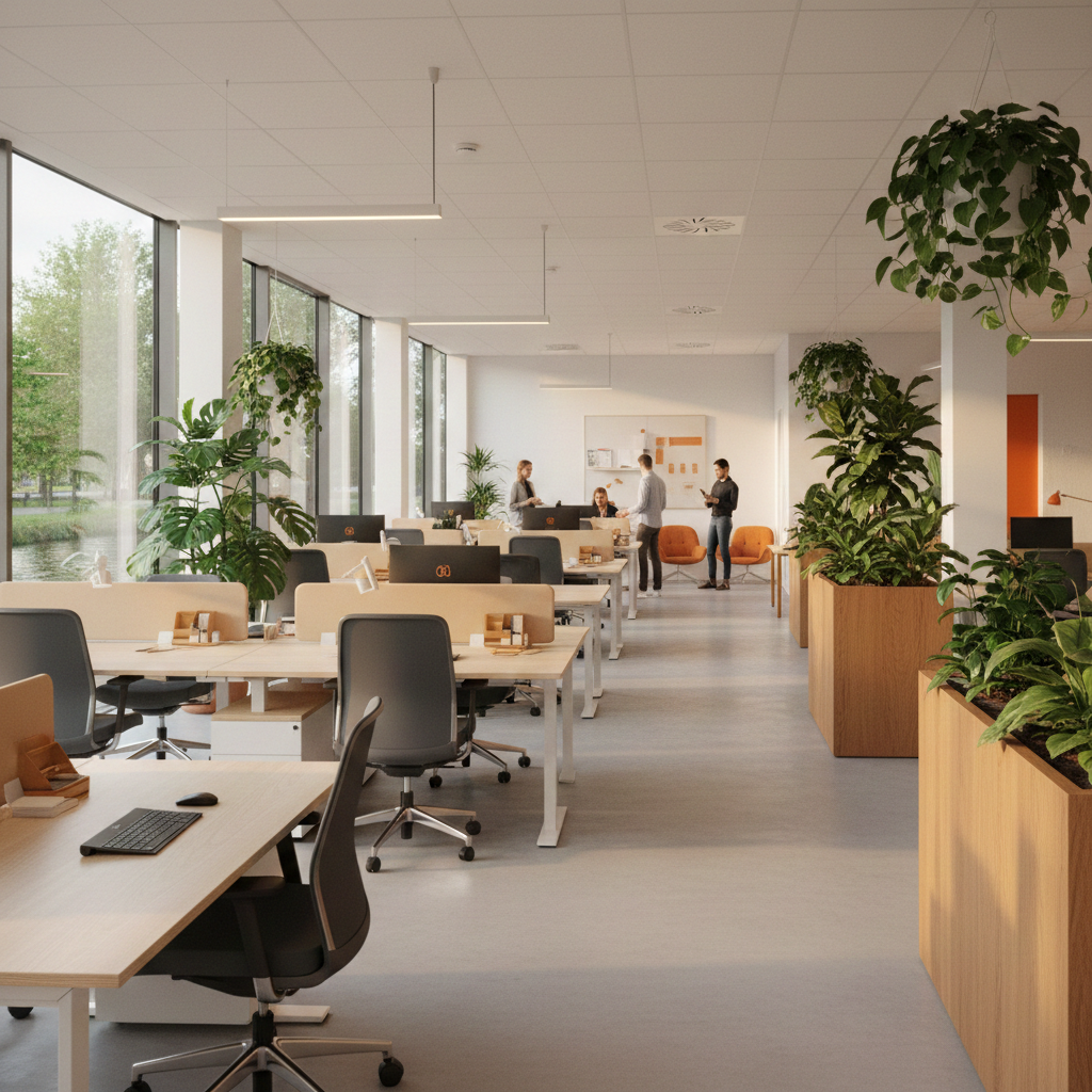 Modern ingericht kantoor met ergonomische zit-sta werkplekken, natuurlijk daglicht en groene planten