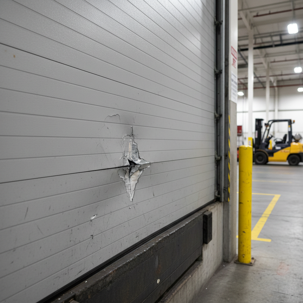 Beschadigd paneel sectionaaldeur met deuk