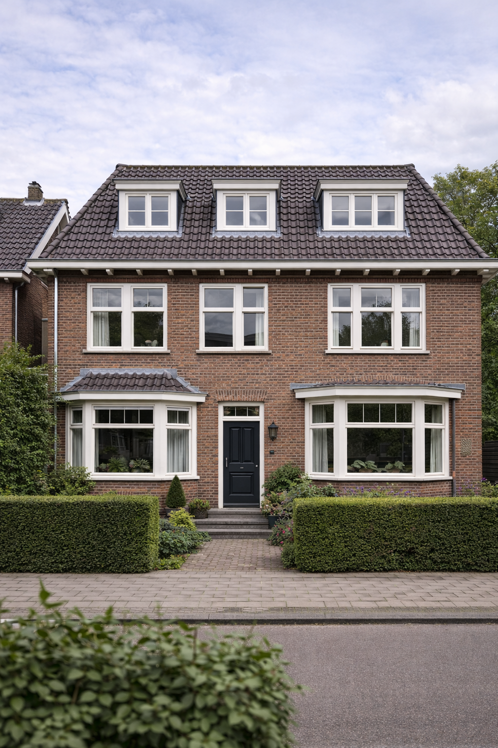 Klassieke mansardekap op jaren 30 woning met traditionele dakpannen en dakkapellen