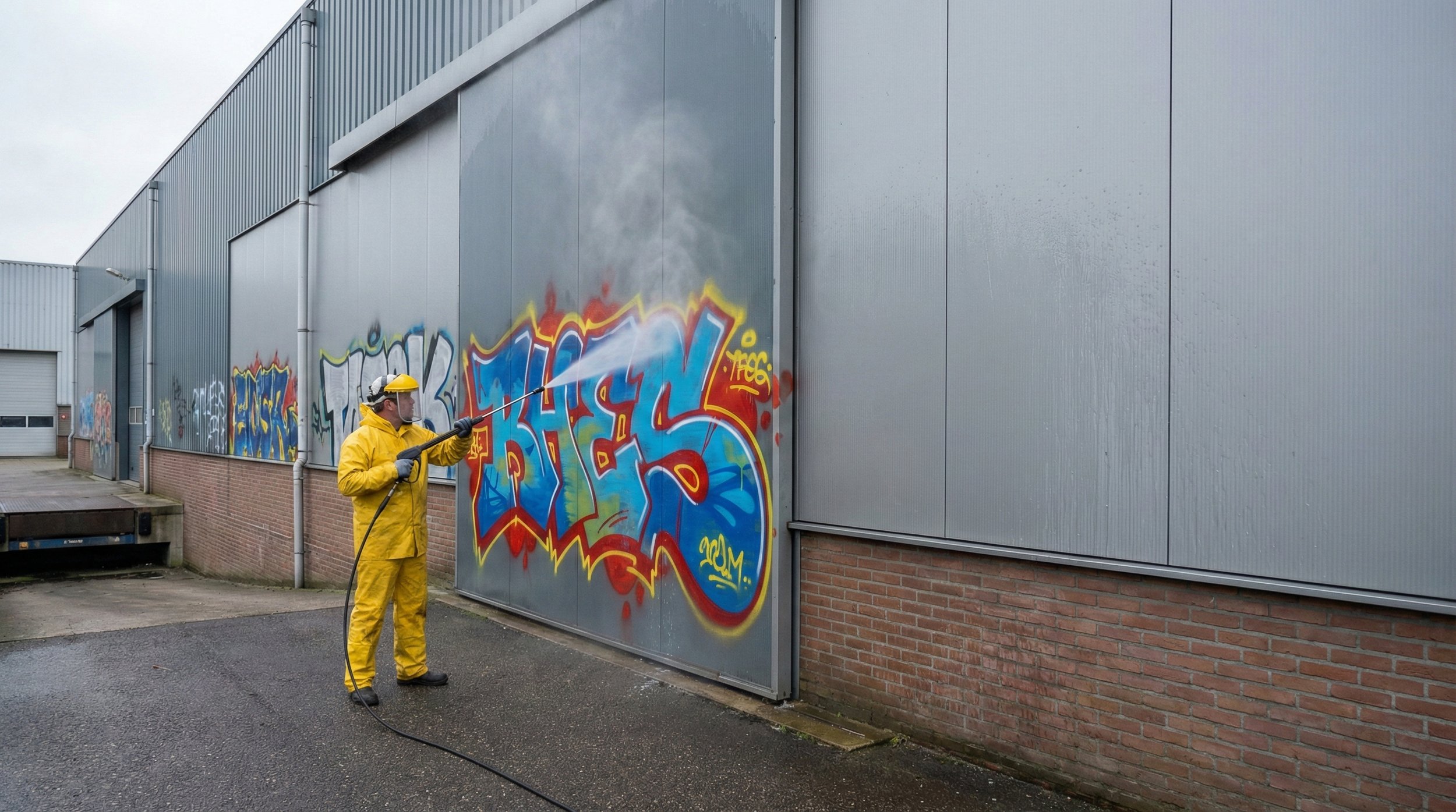 Graffiti verwijderen van sandwichpaneel - voor en na reiniging