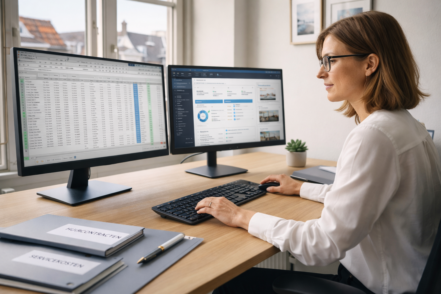 Vastgoedadministrateur werkt aan financiële rapportage op kantoor