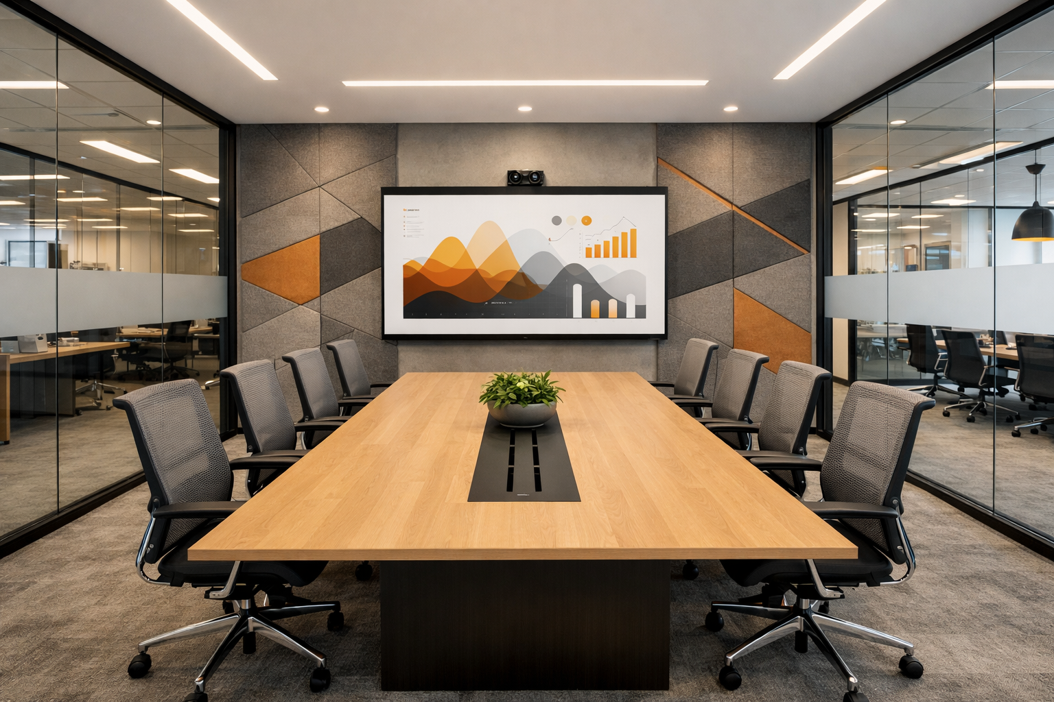 Moderne vergaderruimte met grote vergadertafel, ergonomische stoelen, akoestische wandpanelen en professionele AV-apparatuur