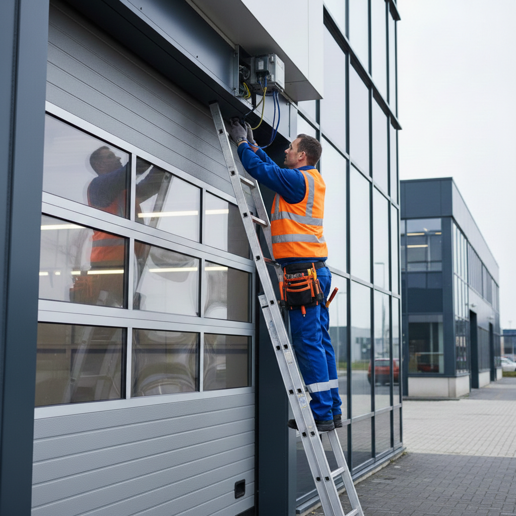 Professionele reparatie van overhead sectionaaldeur aan bedrijfspand - Beheer & Service monteur aan het werk