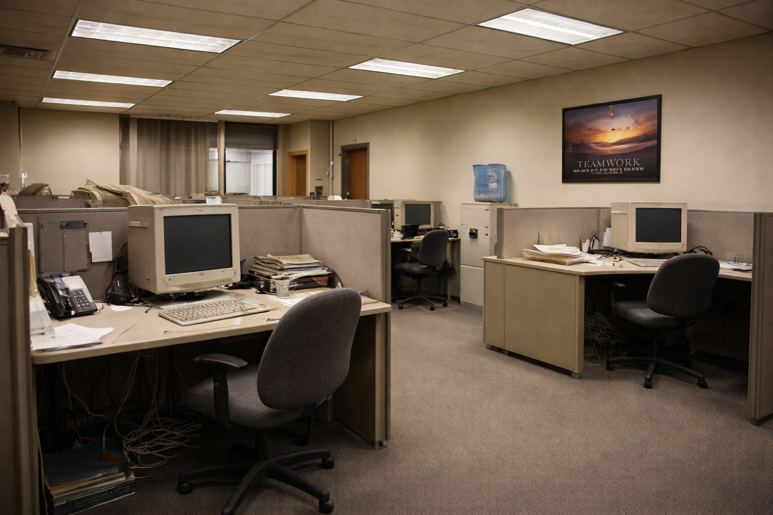 Gedateerd kantoor met oude bureaus, TL-verlichting en versleten vloerbedekking voor renovatie