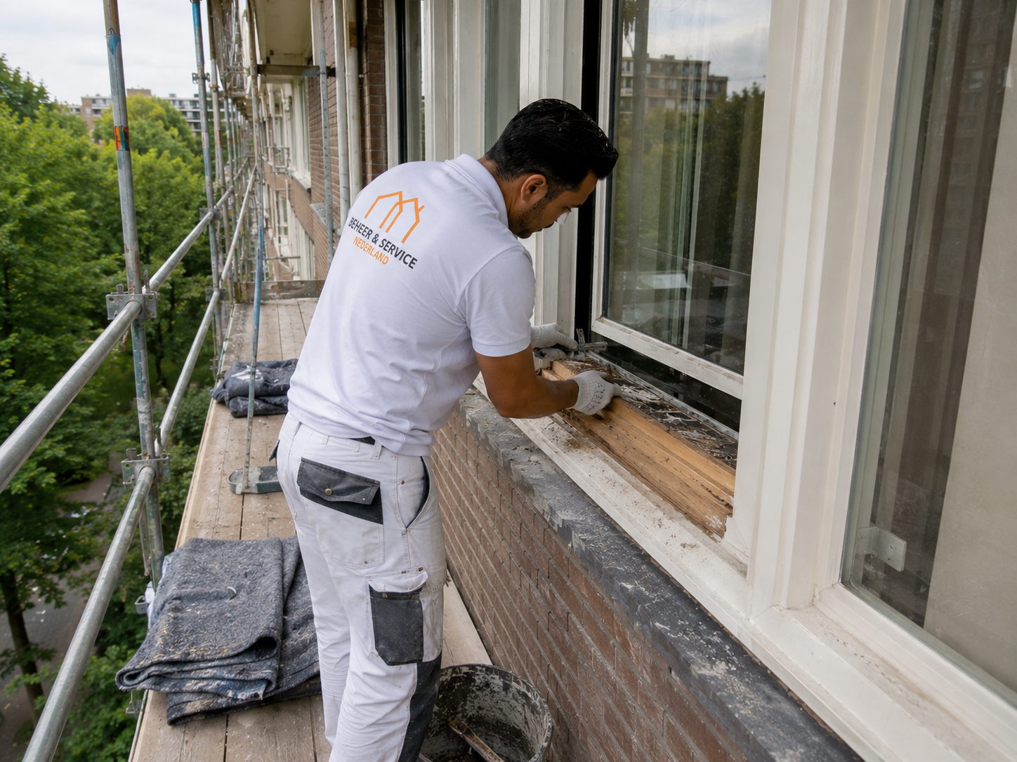 Houtrotherstel aan een kozijn van een flat in Buitenveldert