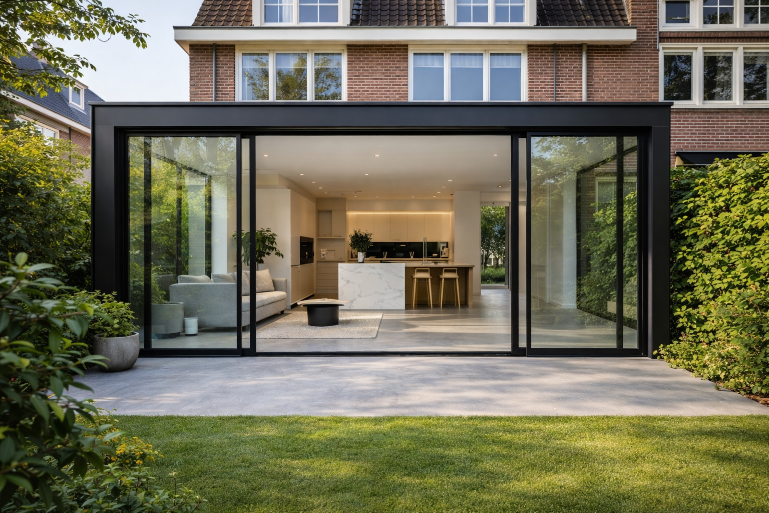 Uitbouw Amsterdam met glazen schuifpui en open keuken-woonkamer