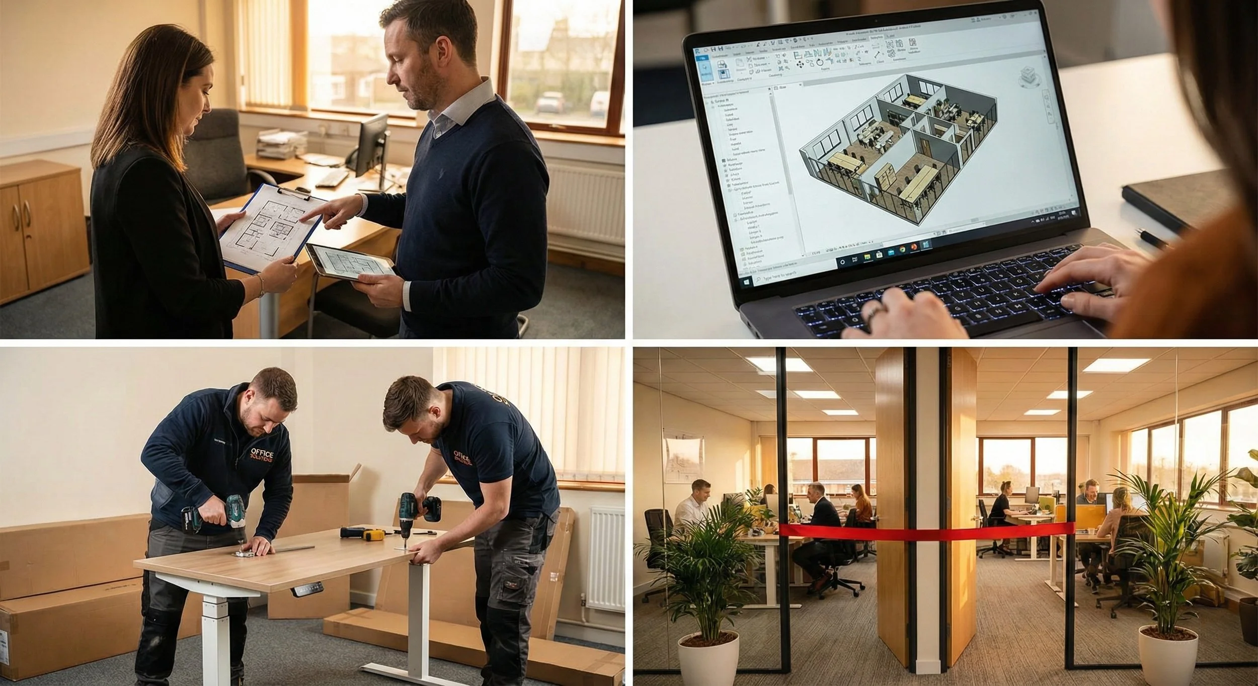 Collage van kantoorinrichting proces: adviesgesprek, 3D-ontwerp op laptop, montage door vakmensen, opgeleverd kantoor