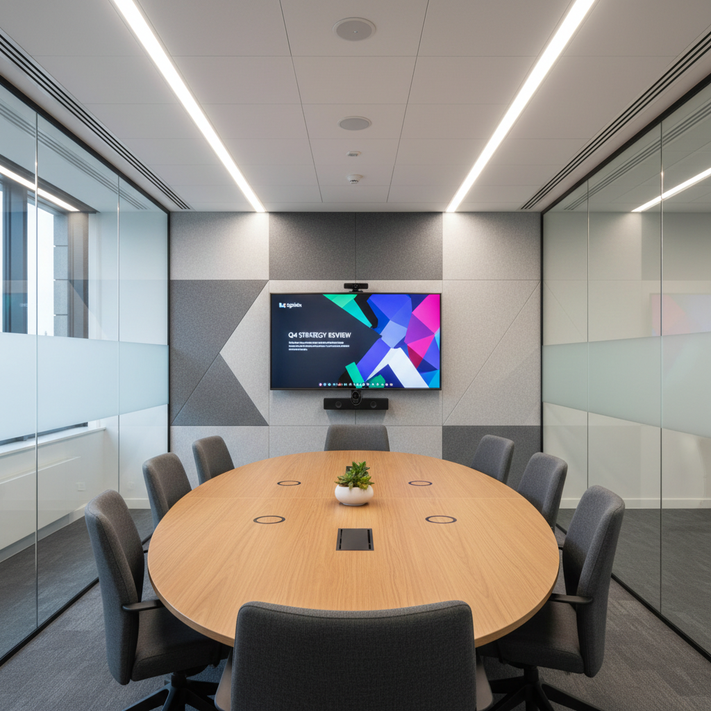 Professionele vergaderruimte met grote tafel, akoestische wandpanelen en videoconferencing scherm