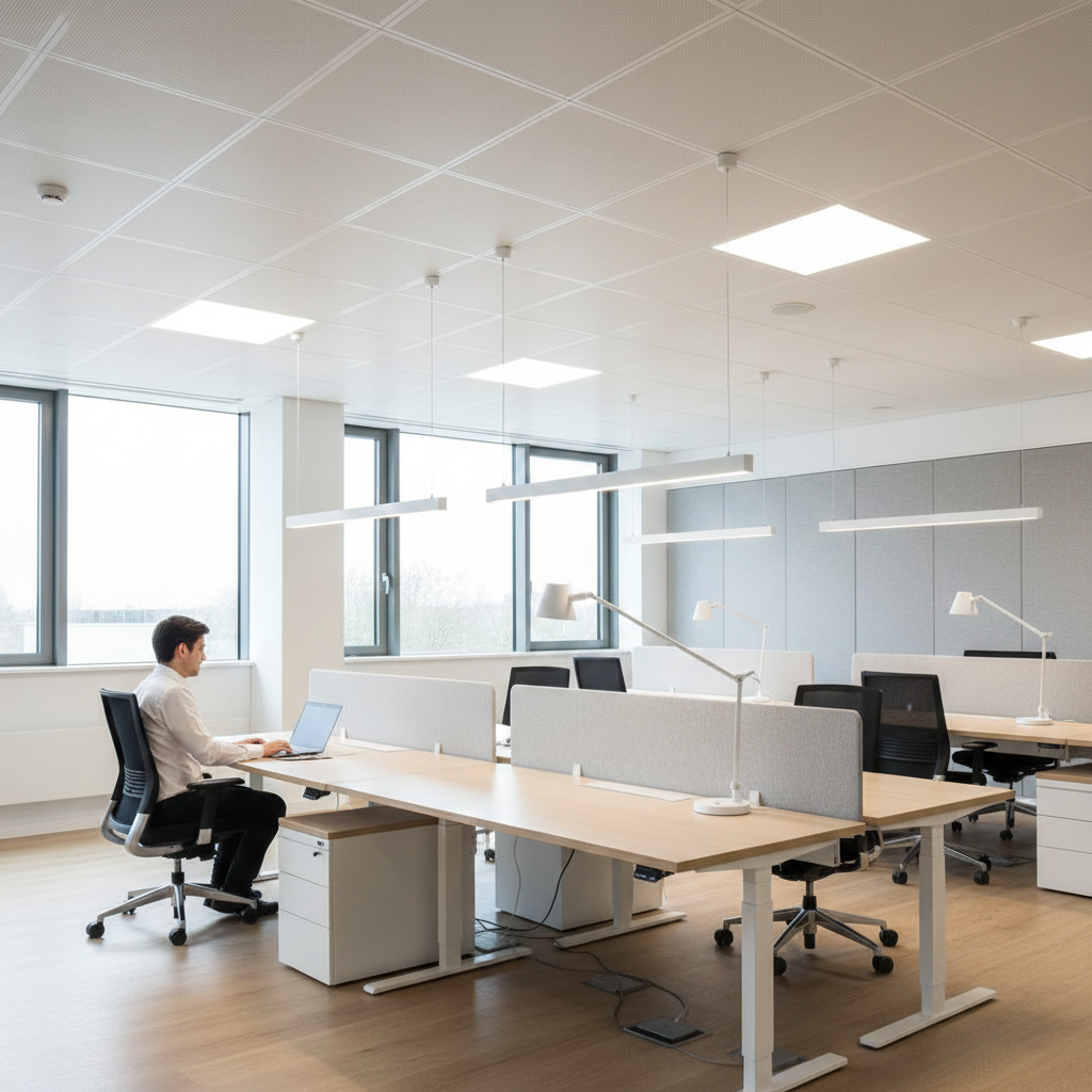 Kantoor met professionele LED-verlichting, combinatie van plafondverlichting en taakverlichting met daglicht