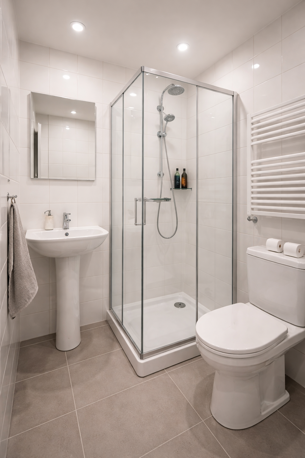 Basic badkamer renovatie met witte tegels en standaard sanitair