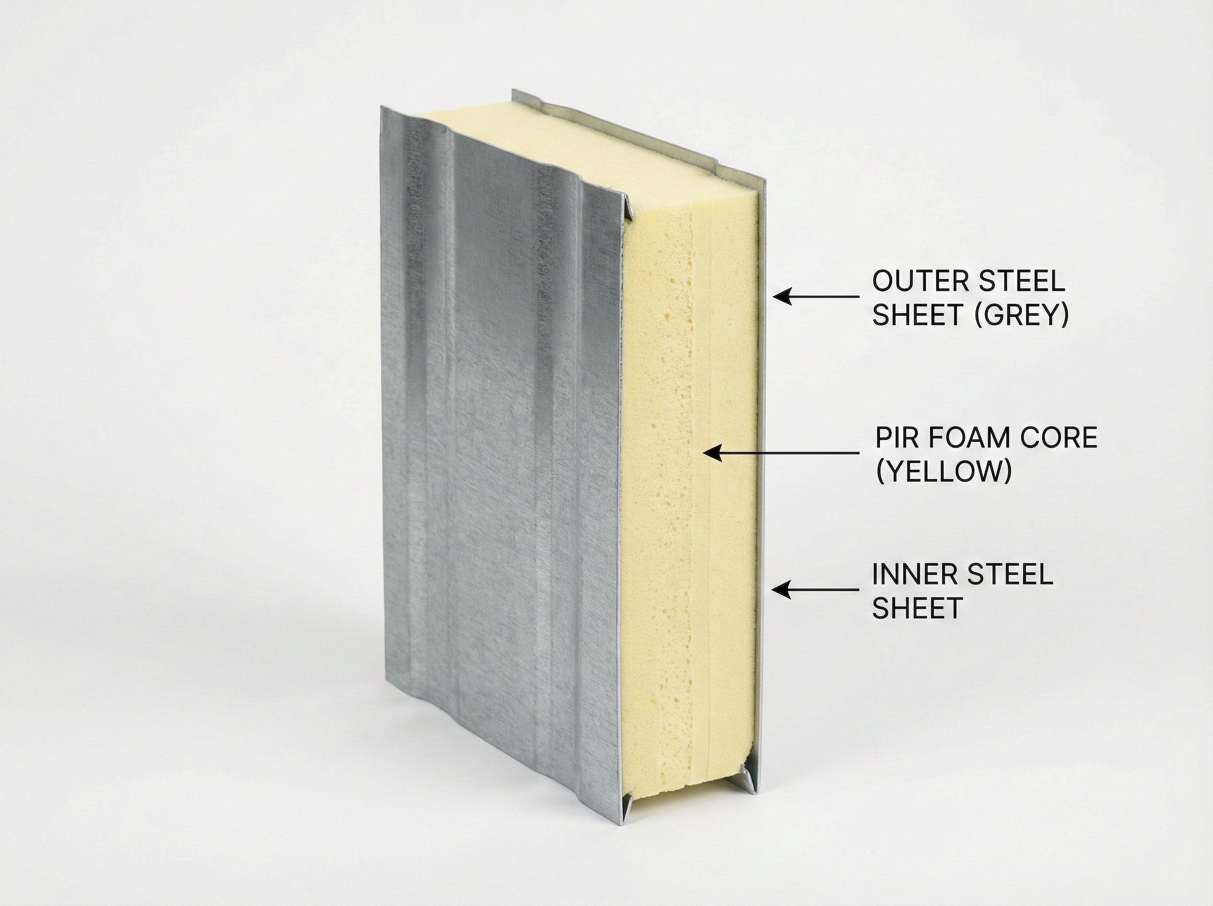 Doorsnede van sandwichpaneel met zichtbare isolatiekern - PIR PUR steenwol isolatie