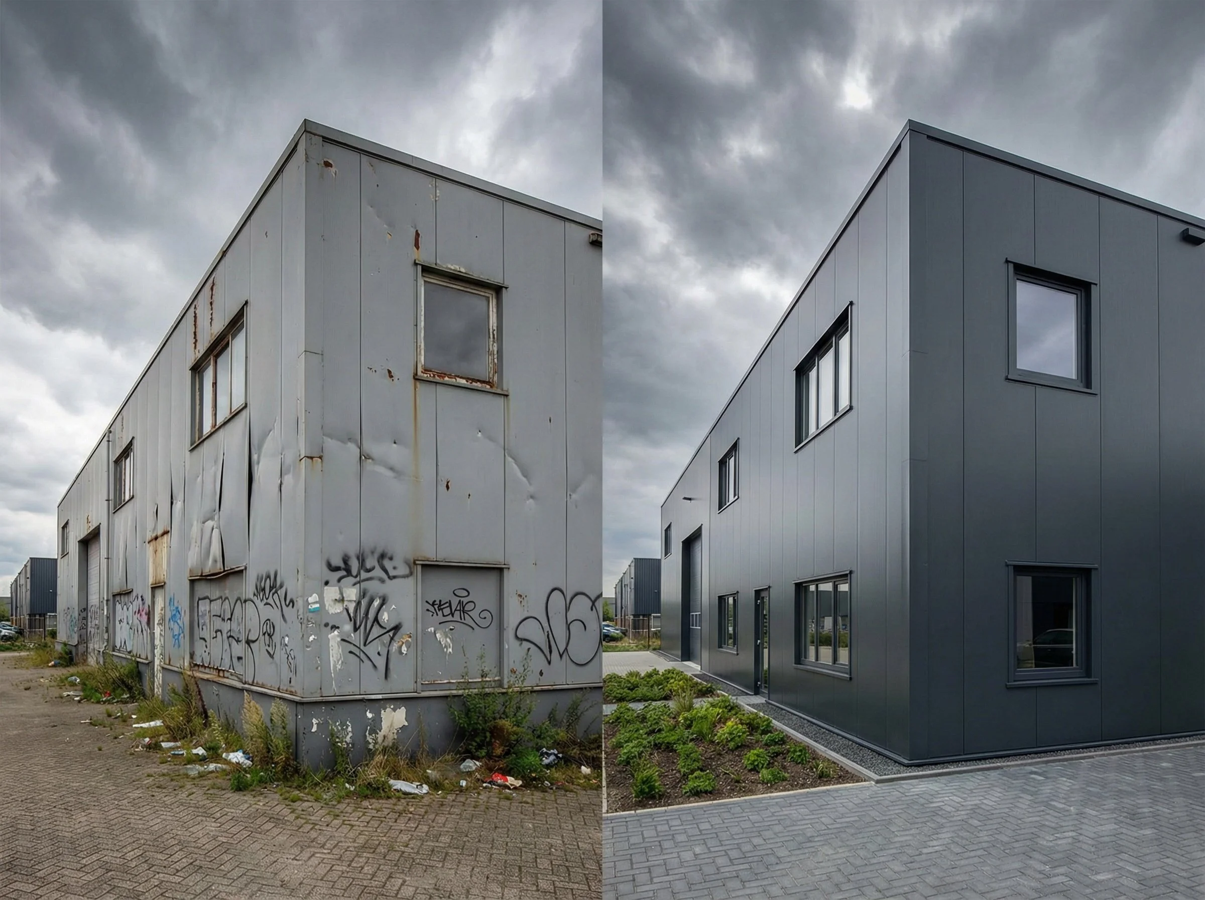 Voor en na gevelschade herstel - dramatische transformatie van beschadigd naar gerenoveerd bedrijfspand
