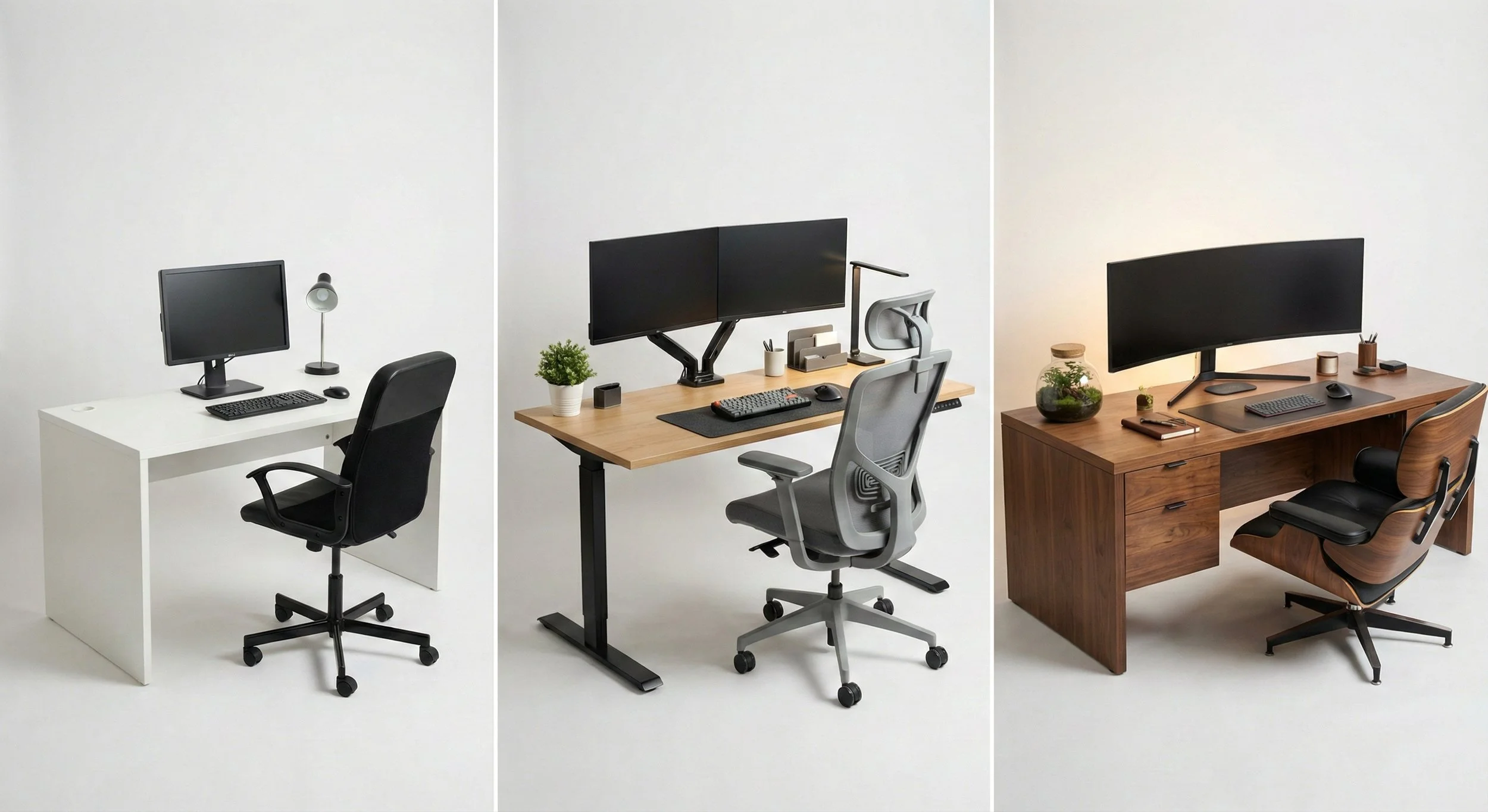 Drie kantoorinrichtingen naast elkaar: budget, midden en premium niveau met duidelijke verschillen in meubilair en afwerking