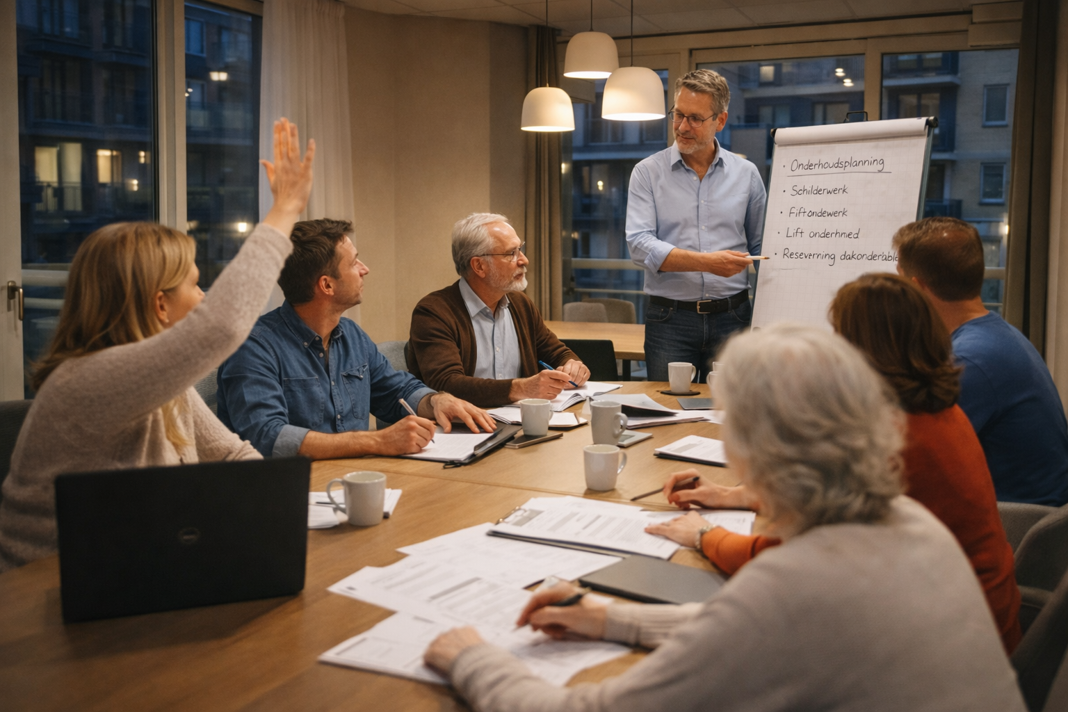 VvE vergadering in modern appartementencomplex met bewoners