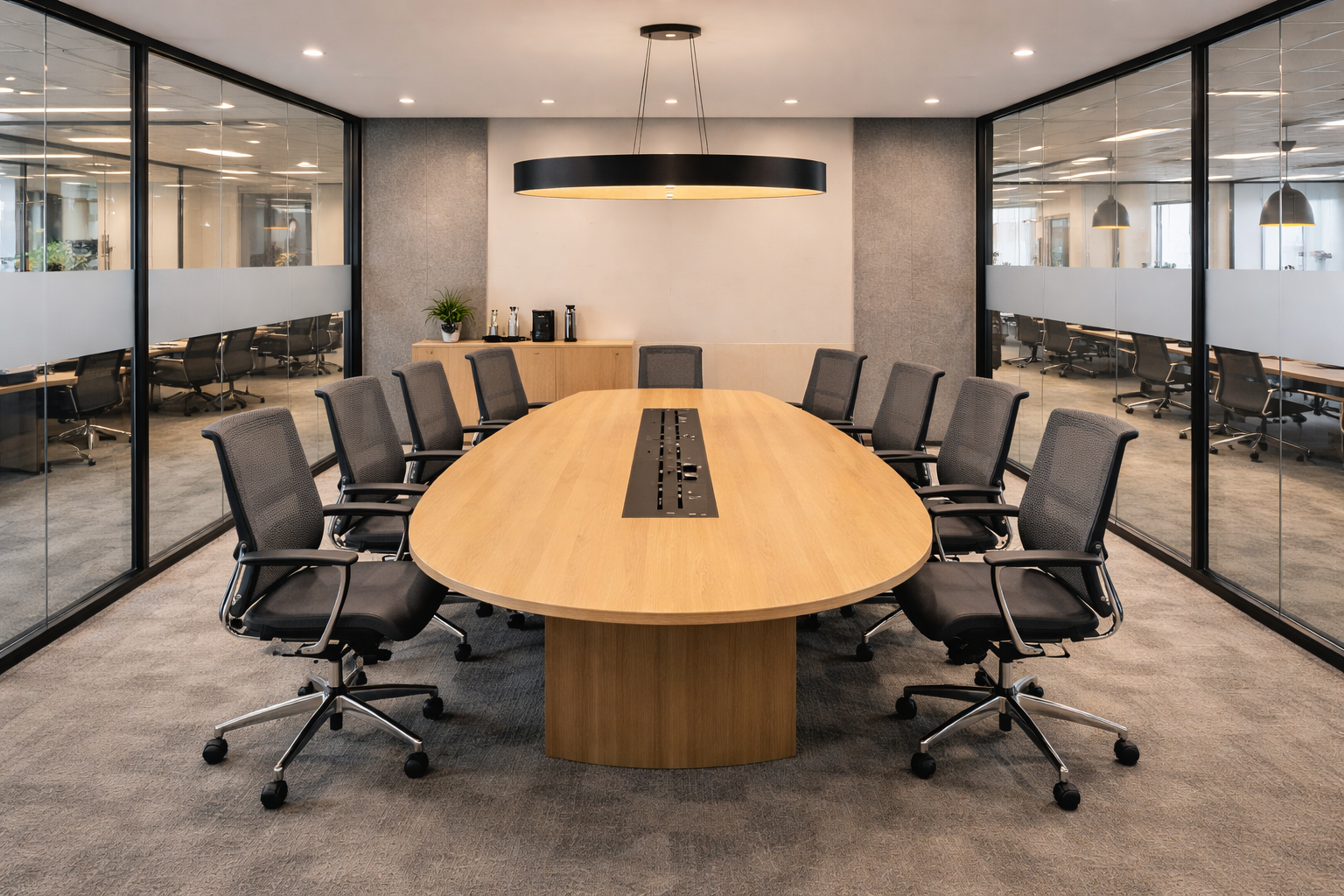Premium vergadermeubilair: grote ovale vergadertafel met geïntegreerd kabelmanagement en ergonomische vergaderstoelen
