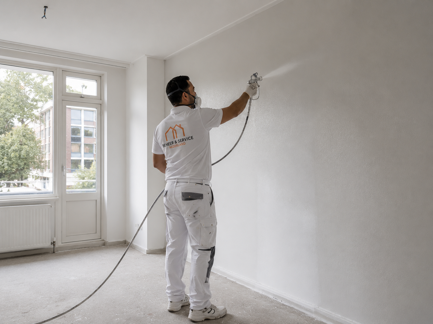 Schilder spuit latex op een wand in een lege woning in Amstelveen